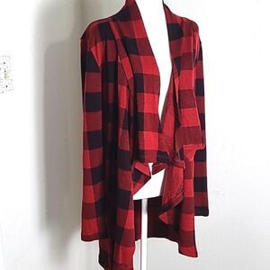The Limited Long Jacket with Waterfall Collar, Red/Black Check Squares, Sz Large